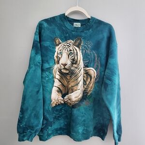 Oneita Vintage 90s Tiger Teal Tie Dye Color Wear Crew Neck Sweatshirt